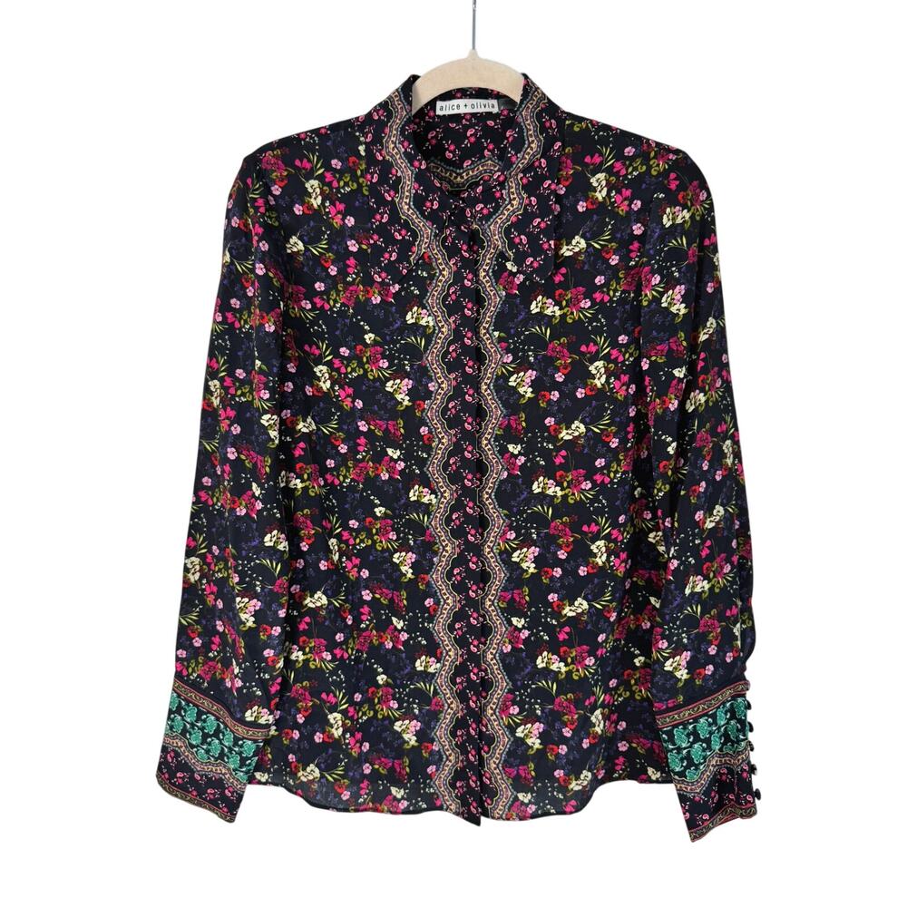 Alice + Olivia Black Floral Print Silk Button Down Shirt Medium M